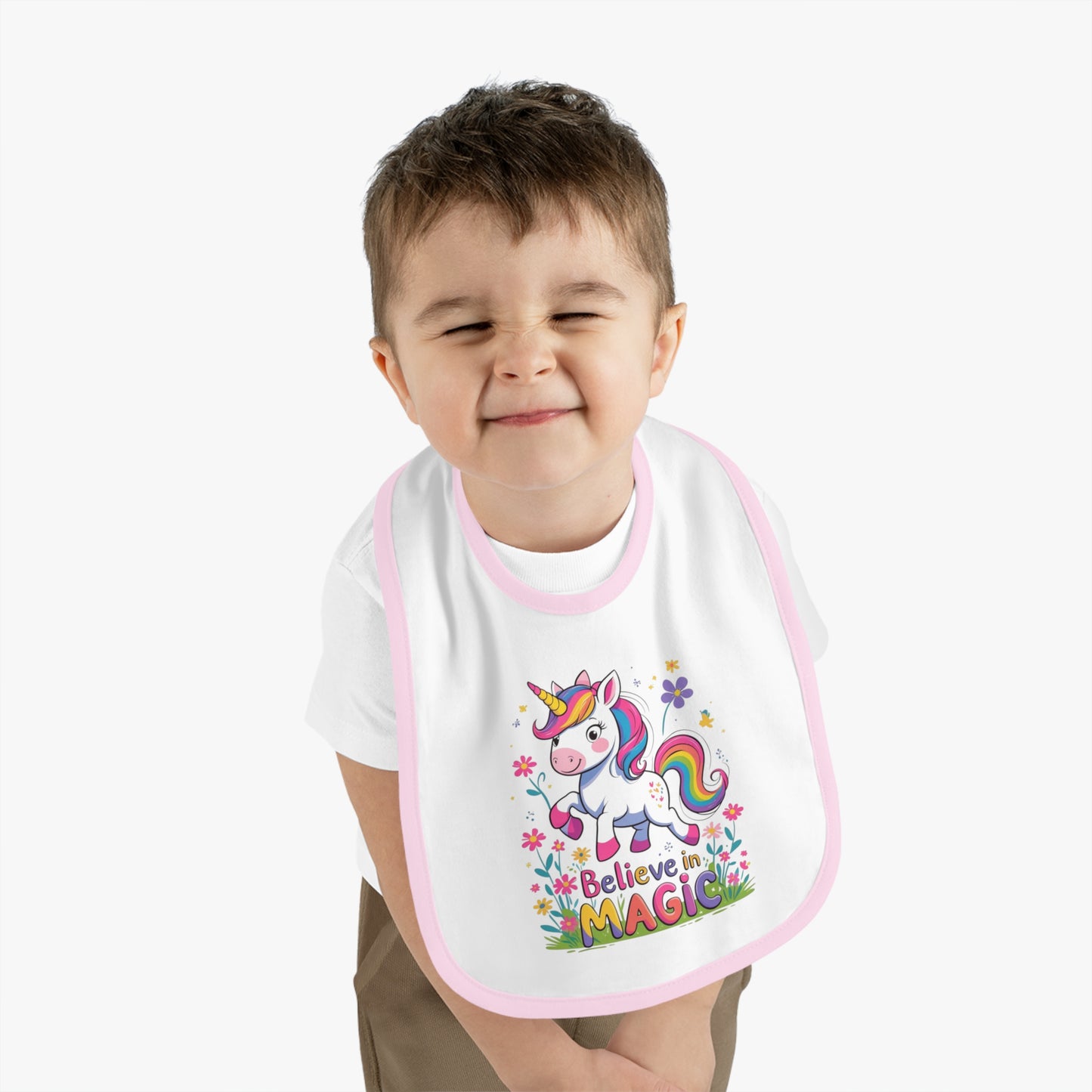 Unicorn "Believe in Magic" – Baby Bib, Pink