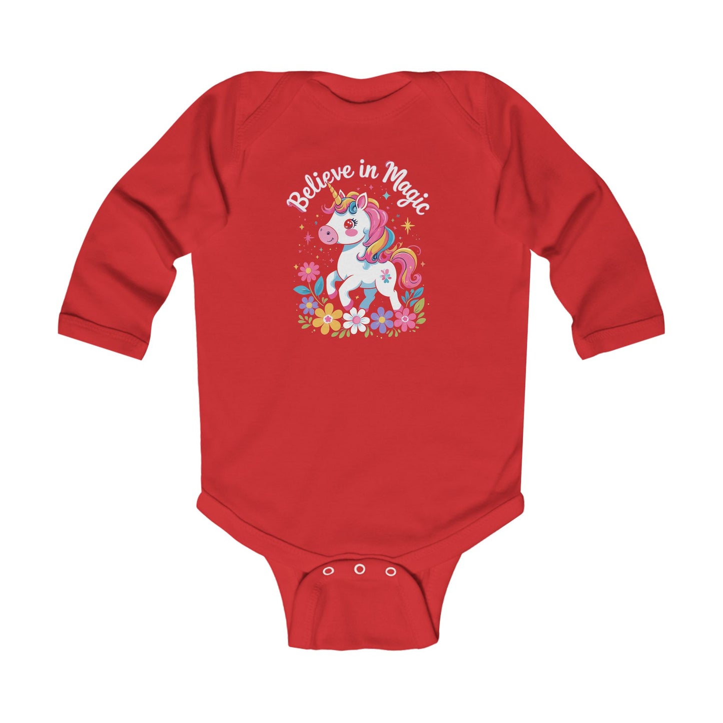 Unicorn "Believe in Magic" Infant Long Sleeve Bodysuit Red