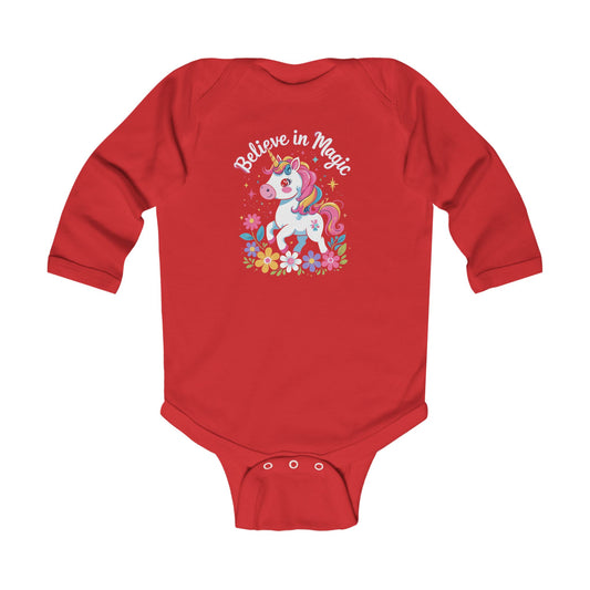 Unicorn "Believe in Magic" Infant Long Sleeve Bodysuit Red