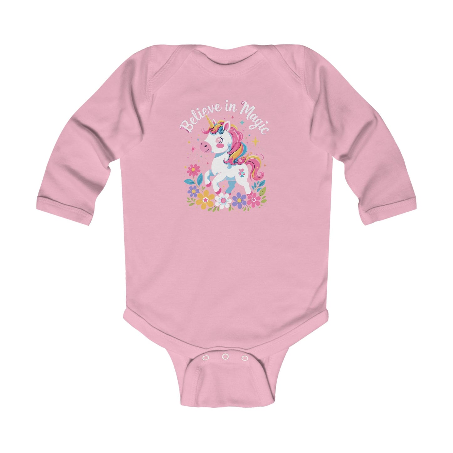 Unicorn "Believe in Magic" Infant Long Sleeve Bodysuit, Pink