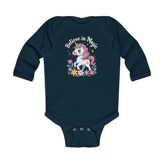 Unicorn "Believe in Magic" Infant Long Sleeve Bodysuit, Navy