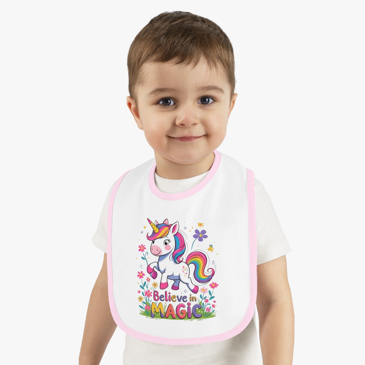 Unicorn "Believe in Magic" – Baby Bib, Pink
