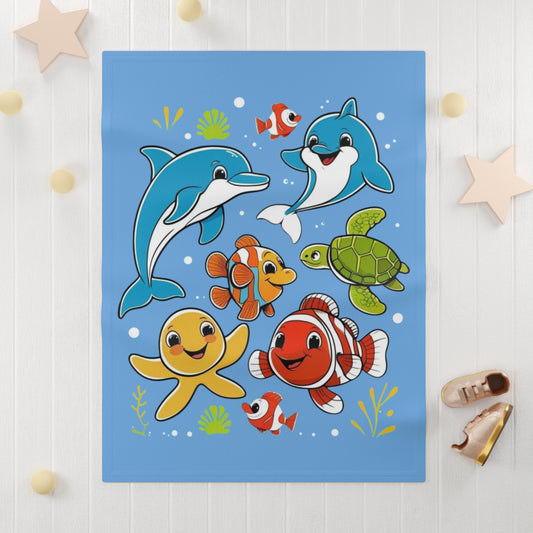 Sea Animal Baby Blanket, Nursery Decor - Blue