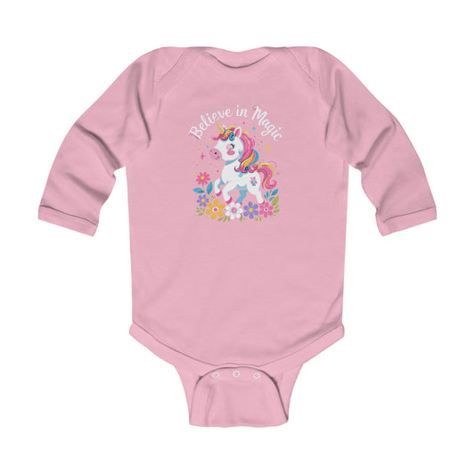Unicorn "Believe in Magic" Infant Long Sleeve Bodysuit, Pink