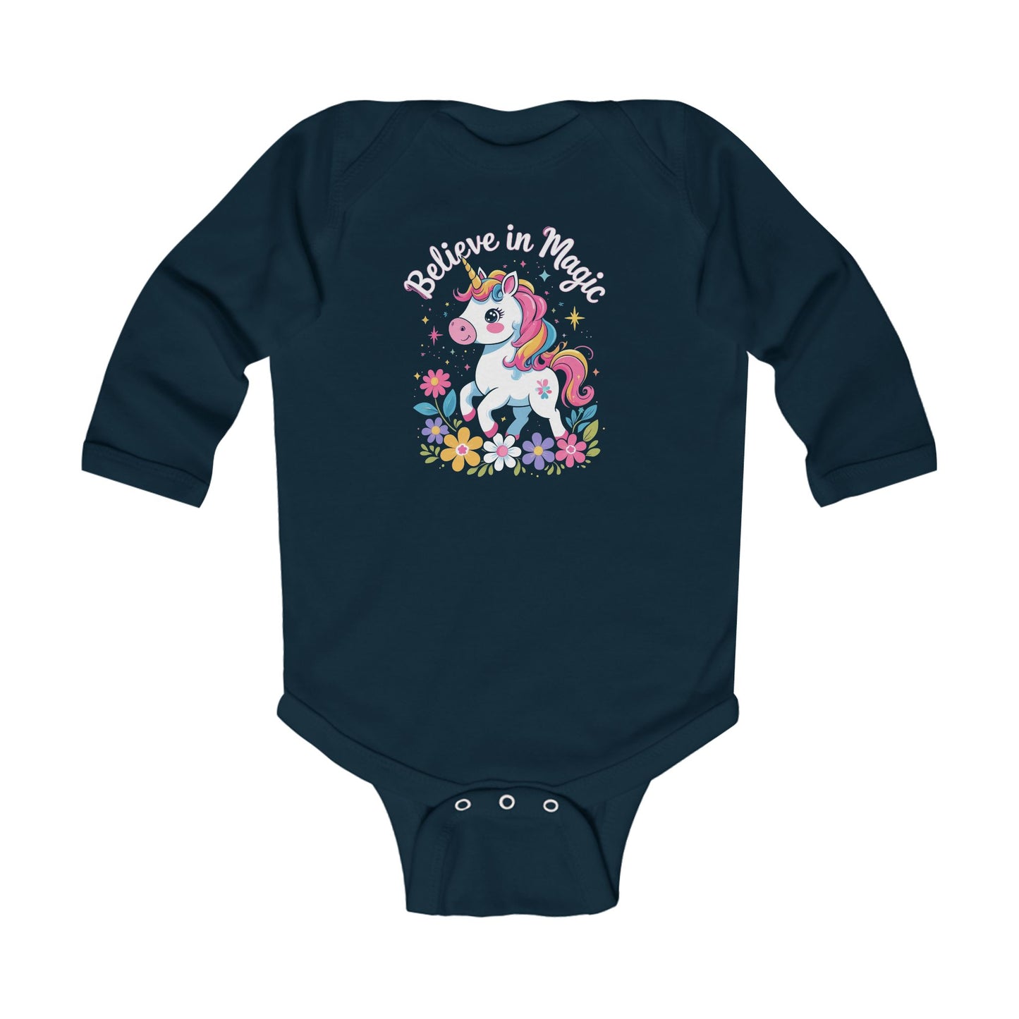 Unicorn "Believe in Magic" Infant Long Sleeve Bodysuit, Navy